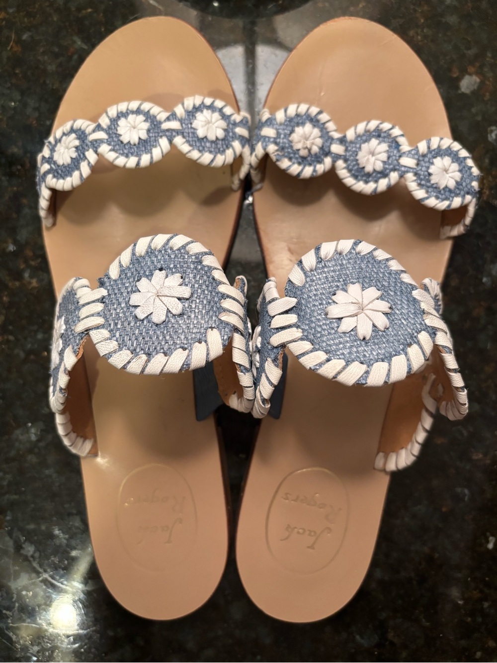 Jack Rogers Blue and White Circle Appliqué Leather Slide Sandals